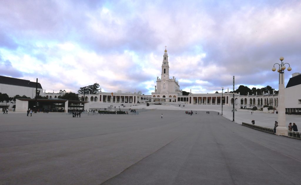 The near-empty square at Fatima, a key pilgrim site in Portugal, with the Basilica in the background.