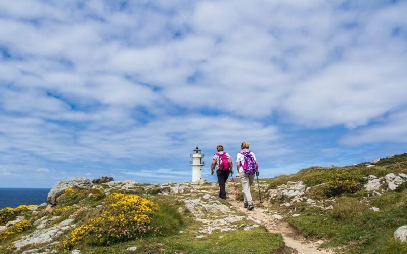 Group of pilgrims walking the Camino Portugues - beautiful landscape