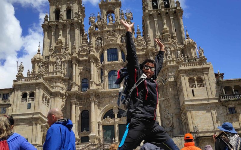 After completing the camino - Skip of Joy in front of Santiago de Compostela cathedral