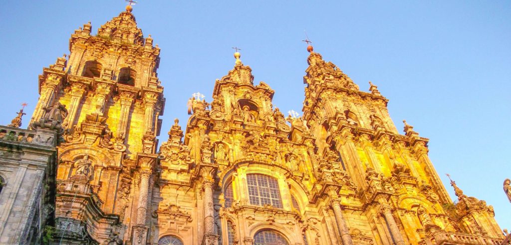 the Santiago Cathedral at sunset golden hour